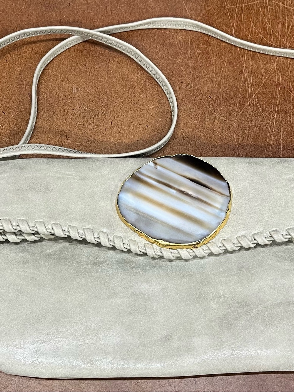 Wimberly Leather Agate Crossbody Bag - Gray/Beige Braided Stone Flap Clutch